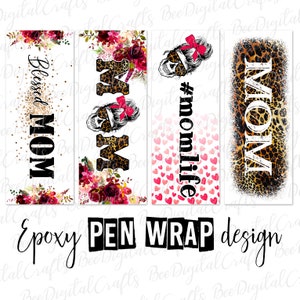 Könnte beinhalten: Vier digitale Designs für Epoxid-Stiftverpackungen. Die Designs zeigen das Wort "MOM" in verschiedenen Stilen, darunter ein Leopardenmuster, ein Schädel mit Schleife und ein Blumenmuster. Der Text "#momlife" ist ebenfalls in einem der Designs enthalten.