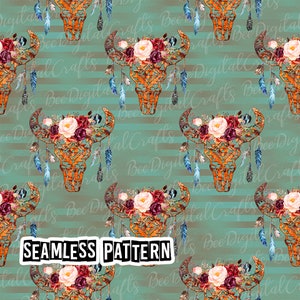 SEAMLESS pattern rustic bull skull with flower design Bohemian digital fabric design Western floral printable paper download