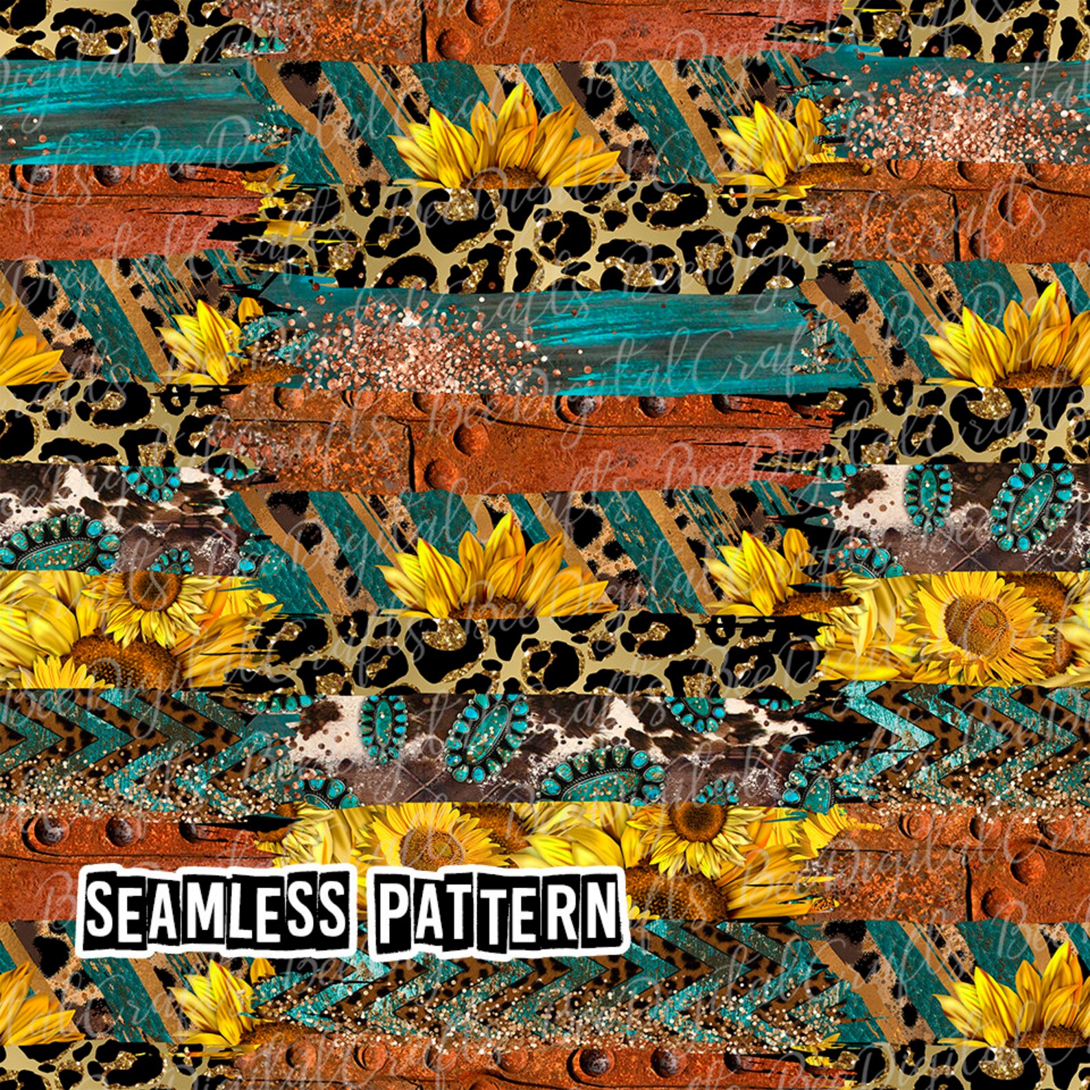 SEAMLESS Pattern Western Brushstroke Sunflower Leopard Rustic Etsy