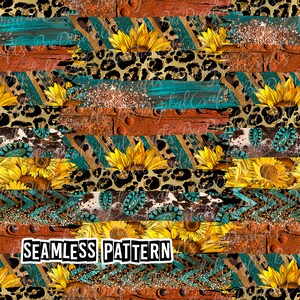 Könnte beinhalten: Nahtloses Muster mit einem sich wiederholenden Design aus Sonnenblumen, türkisfarbenem und goldenem Glitzer, Leopardenmuster und Holzmaserung. Der Text "SEAMLESS PATTERN" ist in der Mitte unten im Bild sichtbar.