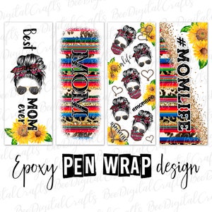 Könnte beinhalten: Vier digitale Designs für Stiftverpackungen mit einer Frau mit einem unordentlichen Dutt, Sonnenbrille und einem Bandana. Die Designs beinhalten die Wörter "MOM", "#MOMLIFE" und "#MOMLIFE" mit einem goldenen Glitzerhintergrund. Die Designs beinhalten auch bunte Streifen und Leopardenmuster.