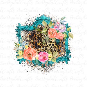 Leopard print floral frame sublimation design Vintage teal frame PNG download Cheetah background digital graphic