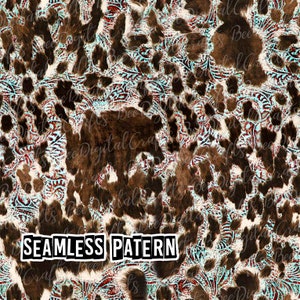 May include: Seamless pattern featuring a brown and white cowhide print with a turquoise and red paisley design. The pattern is perfect for crafting projects, fabric, and wallpaper.