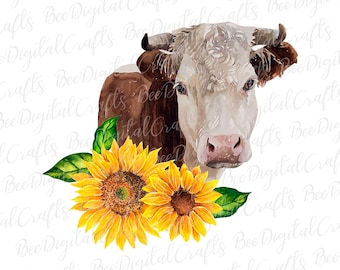 Cow with sunflower PNG download Farm animal sublimation design Floral heifer printable transfer