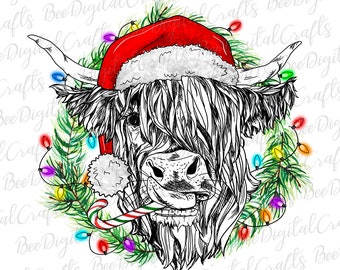 Christmas highland cow PNG download Cow with hat and candy cane sublimation design Watercolor animal printable transfer
