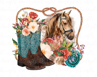 Aquarell westlichen Design Sublimation herunterladen Floral Stiefel und Pferd PNG Grafik Blau Edelstein ClipArt digitale Übertragung