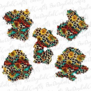 Peut inclure: Cinq motifs de papier numérique avec un imprimé léopard, des tournesols et des accents turquoise. Les motifs sont de style vieilli avec un fond blanc.