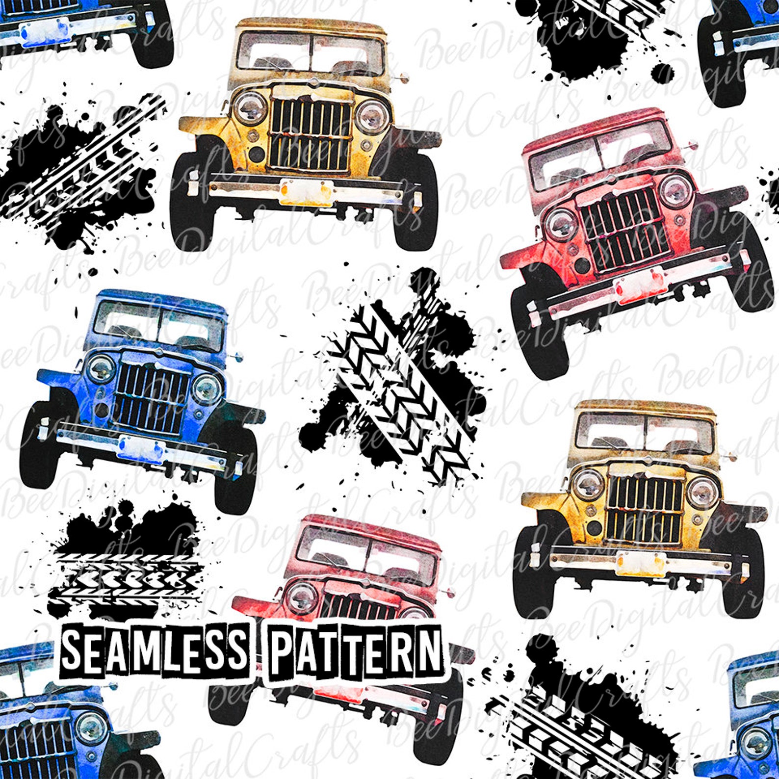 SEAMLESS pattern watercolor jeep Tire tracks digital fabric Etsy