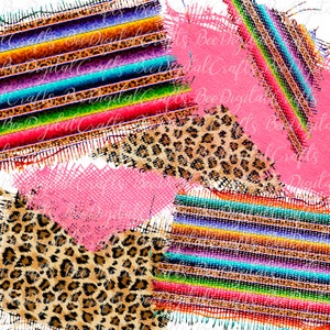 May include: A digital paper pack with a colorful striped pattern, a pink background, and a leopard print. The patterns are torn and distressed, giving a vintage look.