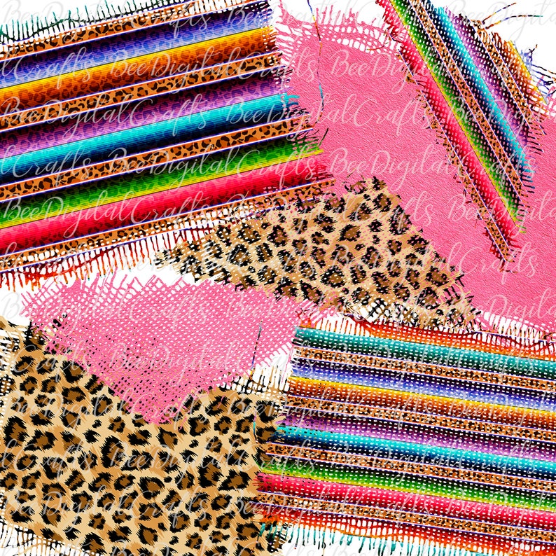 May include: A digital paper pack with a colorful striped pattern, a pink background, and a leopard print. The patterns are torn and distressed, giving a vintage look.
