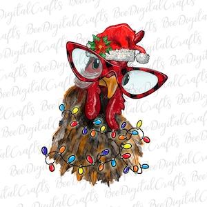 Christmas chicken with glasses and Santa hat PNG download Watercolor farm animal sublimation design Printable transfer
