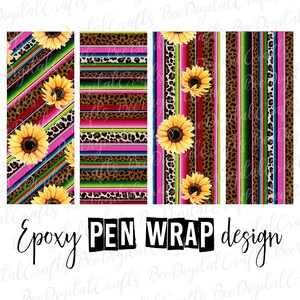 Könnte beinhalten: Vier digitale Designs für Stiftverpackungen mit einem bunten Streifenmuster, Leopardenmuster-Akzenten und Sonnenblumen. Der Text "Epoxy PEN WRAP design" befindet sich am unteren Rand des Bildes.