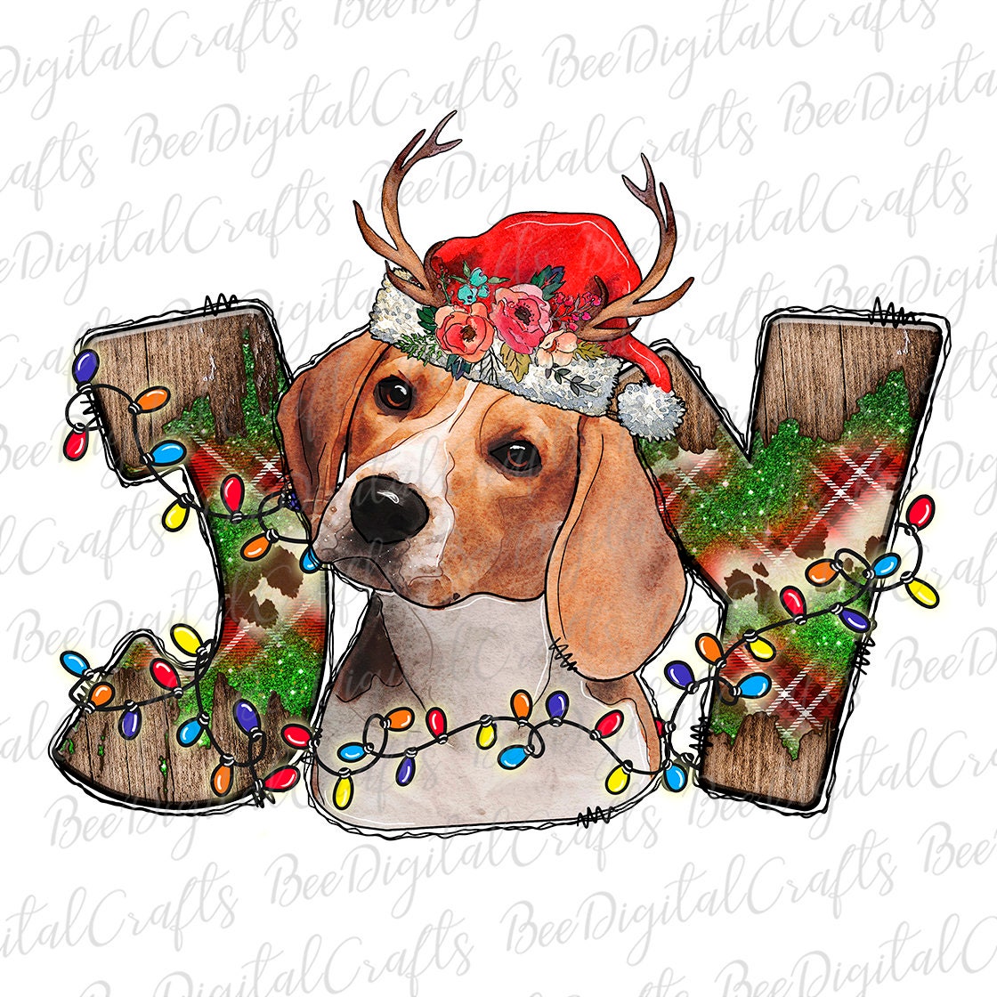 Christmas Joy PNG download Beagle met Santa hoed sublimatie ontwerp Cowhide buffalo plaid afdrukbare transfer