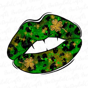Shamrock leopard lips PNG download Saint Patricks day sublimation design Watercolor hand drawing printable transfer