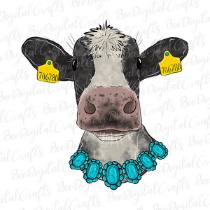 Cow with turquoise sublimation design Hand drawn farm animal PNG download