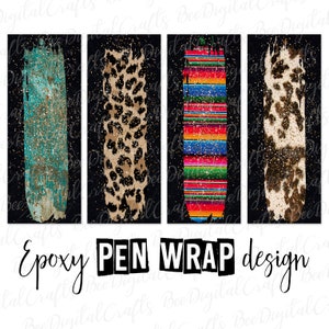 Könnte beinhalten: Vier digitale Designs für Stiftverpackungen. Die Designs zeigen einen türkisblauen Pinselstrich mit goldenem Glitzer, einen Leopardenprint, ein farbenfrohes mexikanisches Streifenmuster und einen weißen und braunen Kuhdruck. Die Designs sind alle auf einem schwarzen Hintergrund mit goldenem Glitzer.