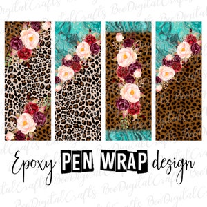 Könnte beinhalten: Vier digitale Designs für Stiftverpackungen mit einem Leopardenmuster-Hintergrund und einem Blumendesign in den Farben Rosa, Rot und Türkis.