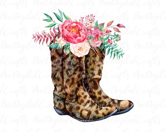 Cowgirl floral boots PNG transfers Leopard boots with sunflower PNG download Western sublimation design Watercolor digital download