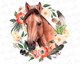 Horse with flower PNG download Farm animal sublimation design Floral wreath horse printable transfer