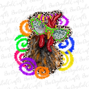 Chicken with glasses and bandana PNG download Watercolor farm animal sublimation design Leopard tie dye printable transfer
