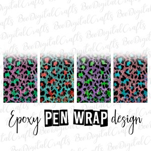 Könnte beinhalten: Vier digitale Designs mit Leopardenmuster mit Glitzer und türkisfarbenen, rosa, grünen und orangen Akzenten. Der Text "Epoxy PEN WRAP design" befindet sich am unteren Rand des Bildes.