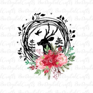 May include: A black silhouette of a deer head with antlers, framed by a wreath of branches and leaves. The design includes pine trees, birds, and a floral arrangement with pink and red flowers. The text "Bee Digital Crafts" is visible.