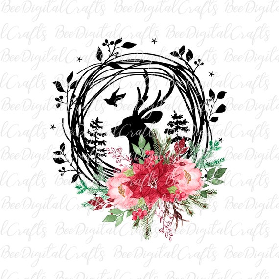 Christmas deer PNG download Floral t-shirt digital design Wreath sublimation graphics
