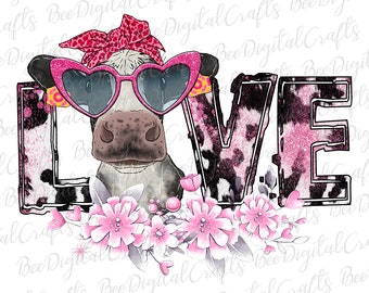 Cowhide love with cow PNG descargar Valentine animal de granja y diseño de sublimación de flores Acuarela vaca transferencia imprimible