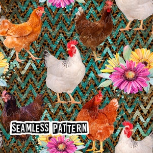 SEAMLESS pattern chicken with flower Rustic leopard digital fabric design Farm animal hen printable paper download