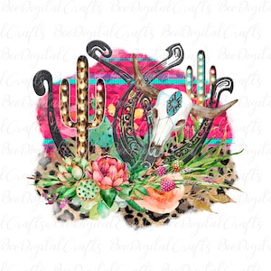 May include: A watercolour illustration of a southwestern design featuring a skull, horseshoes, cacti, and flowers. The background is a pink and turquoise striped pattern.