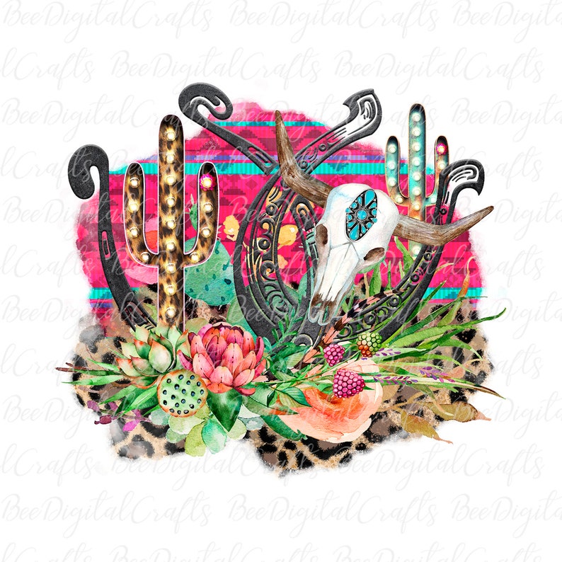 May include: A watercolour illustration of a southwestern design featuring a skull, horseshoes, cacti, and flowers. The background is a pink and turquoise striped pattern.