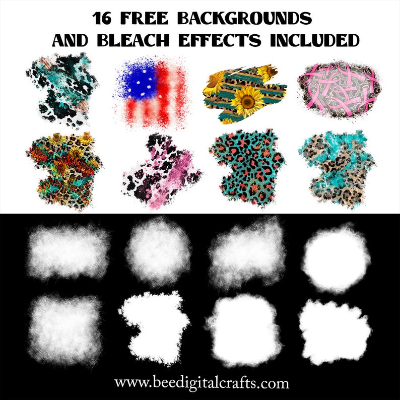 May include: Digital design elements featuring 16 free backgrounds and bleach effects. The designs include patterns with sunflowers, leopard print, and an American flag. The image also includes white, textured shapes and the website address www.beedigitalcrafts.com.