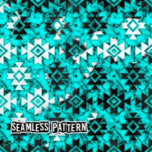 May include: Seamless pattern featuring a turquoise background with black and white geometric shapes. The pattern is reminiscent of Native American designs and has a modern, abstract feel.