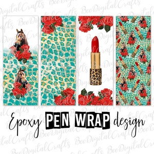 Könnte beinhalten: Drei digitale Designs für Epoxid-Stiftverpackungen. Die Designs zeigen einen türkisfarbenen und goldenen Leopardenmuster-Hintergrund mit roten Rosen, einem roten Lippenstift und einem braunen Pferdekopf.
