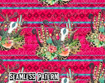 Seamless pattern cowgirl flower horseshoe design Western digital fabric design Aztec leopard printable paper download