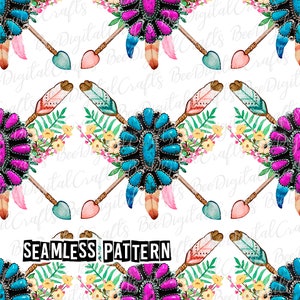 May include: A seamless pattern featuring turquoise and pink gemstones, arrows, feathers, and floral elements on a white background. The text "SEAMLESS PATTERN" is printed in black at the bottom of the image.