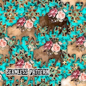 May include: Seamless pattern featuring a turquoise background with gold geometric shapes, brown buffalo silhouettes, and pink and red floral bouquets.