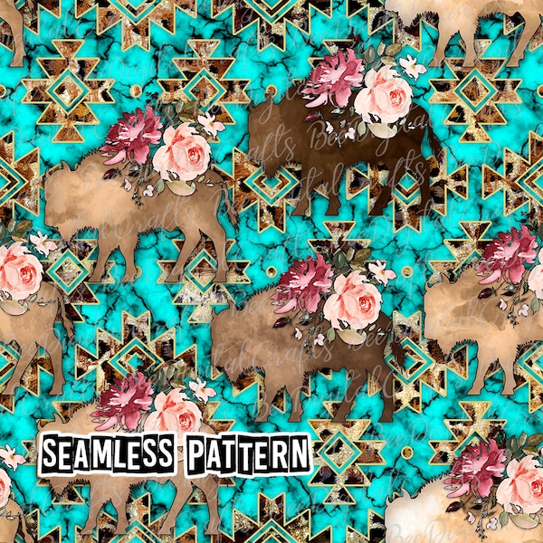SEAMLESS pattern turquoise leopard print Western bizon with flower digital fabric design Aztec printable PNG paper download