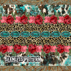 Puede incluir: Un patrón sin costuras con una mezcla de texturas y diseños. Incluye un estampado de leopardo, detalles turquesa y rosas rojas y rosas. Las palabras "SEAMLESS PATTERN" se muestran en la parte inferior.