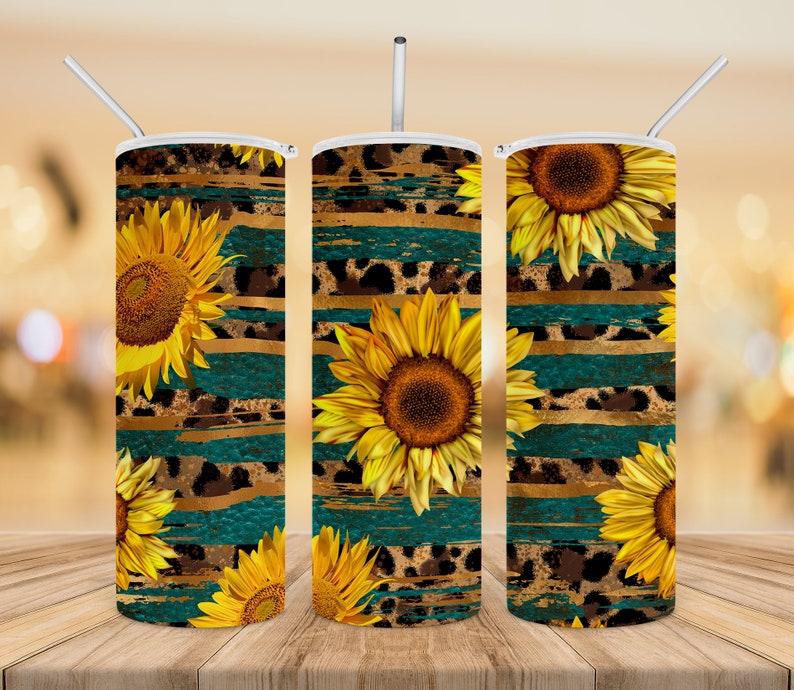 SEAMLESS Sunflower Leopard and Teal Leather Tumbler - Etsy