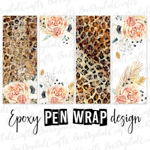 Könnte beinhalten: Vier digitale Designs für Stiftverpackungen. Die Designs zeigen einen Leopardenprint, ein gold-weißes Blumenmuster, ein gold-weißes Blumenmuster mit goldenen Federn und ein gold-weißes Blumenmuster mit goldenem Glitzer.