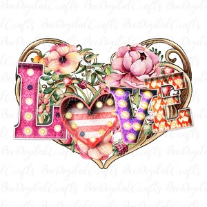 Puede incluir: Una ilustraci&oacute;n de acuarela de un arreglo floral en forma de coraz&oacute;n con la palabra "LOVE" en letras grandes, brillantes con bombillas. Las letras son rosas, moradas y rojas con lunares blancos. El coraz&oacute;n es rojo, blanco y azul con bombillas. El arreglo floral incluye flores rosas y blancas, hojas verdes y bayas rojas.