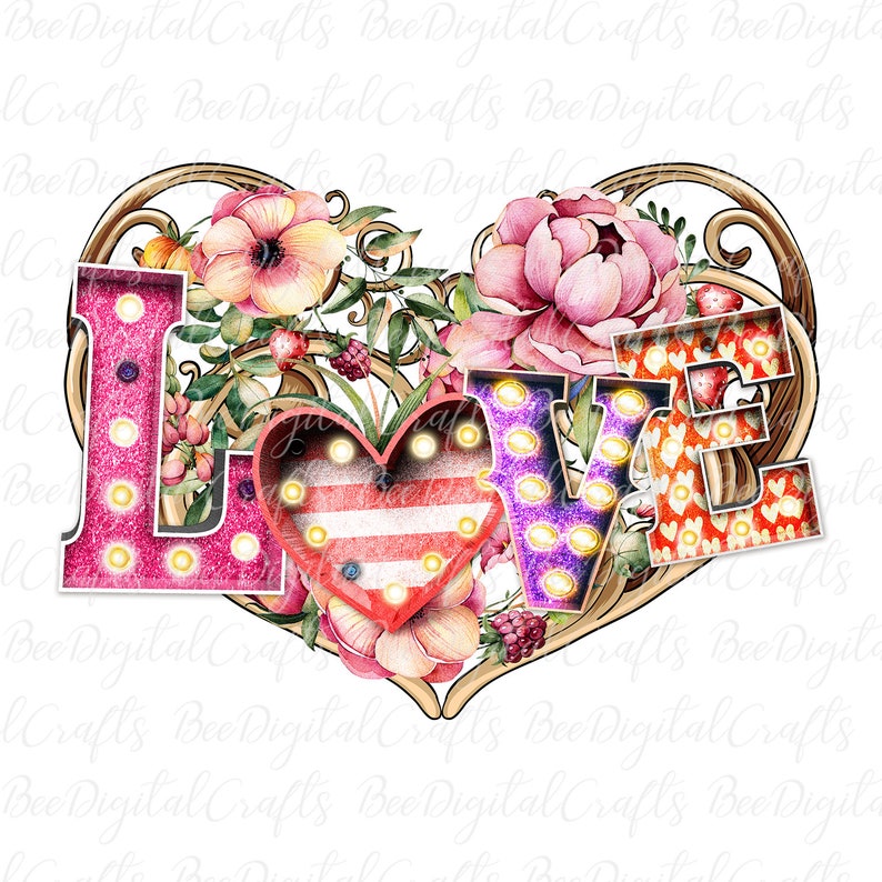 Puede incluir: Una ilustraci&oacute;n de acuarela de un arreglo floral en forma de coraz&oacute;n con la palabra "LOVE" en letras grandes, brillantes con bombillas. Las letras son rosas, moradas y rojas con lunares blancos. El coraz&oacute;n es rojo, blanco y azul con bombillas. El arreglo floral incluye flores rosas y blancas, hojas verdes y bayas rojas.