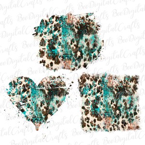 May include: Three digital paper designs featuring a turquoise and brown leopard print with a distressed, paint-splattered effect. The designs are a square, a heart, and a rectangle.