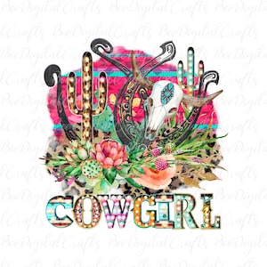 Cowgirl horseshoe flowers sublimation design Bull skull PNG download graphics Leopard serape print download design