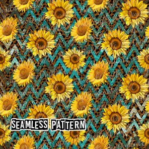 May include: Seamless pattern featuring yellow sunflowers with brown centers on a turquoise chevron background with a brown leopard print overlay. The text "SEAMLESS PATTERN" is in black letters on a white background.