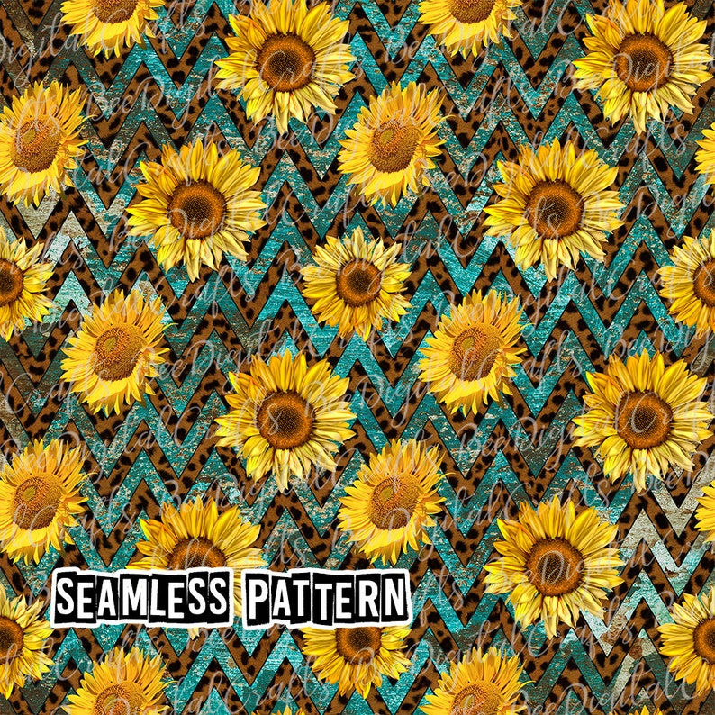 May include: Seamless pattern featuring yellow sunflowers with brown centers on a turquoise chevron background with a brown leopard print overlay. The text "SEAMLESS PATTERN" is in black letters on a white background.