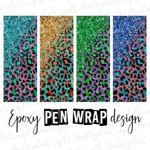 Könnte beinhalten: Vier digitale Designs mit einem Leopardenmuster mit Glitter-Überzug. Die Designs sind in Türkis, Gold, Grün und Blau.