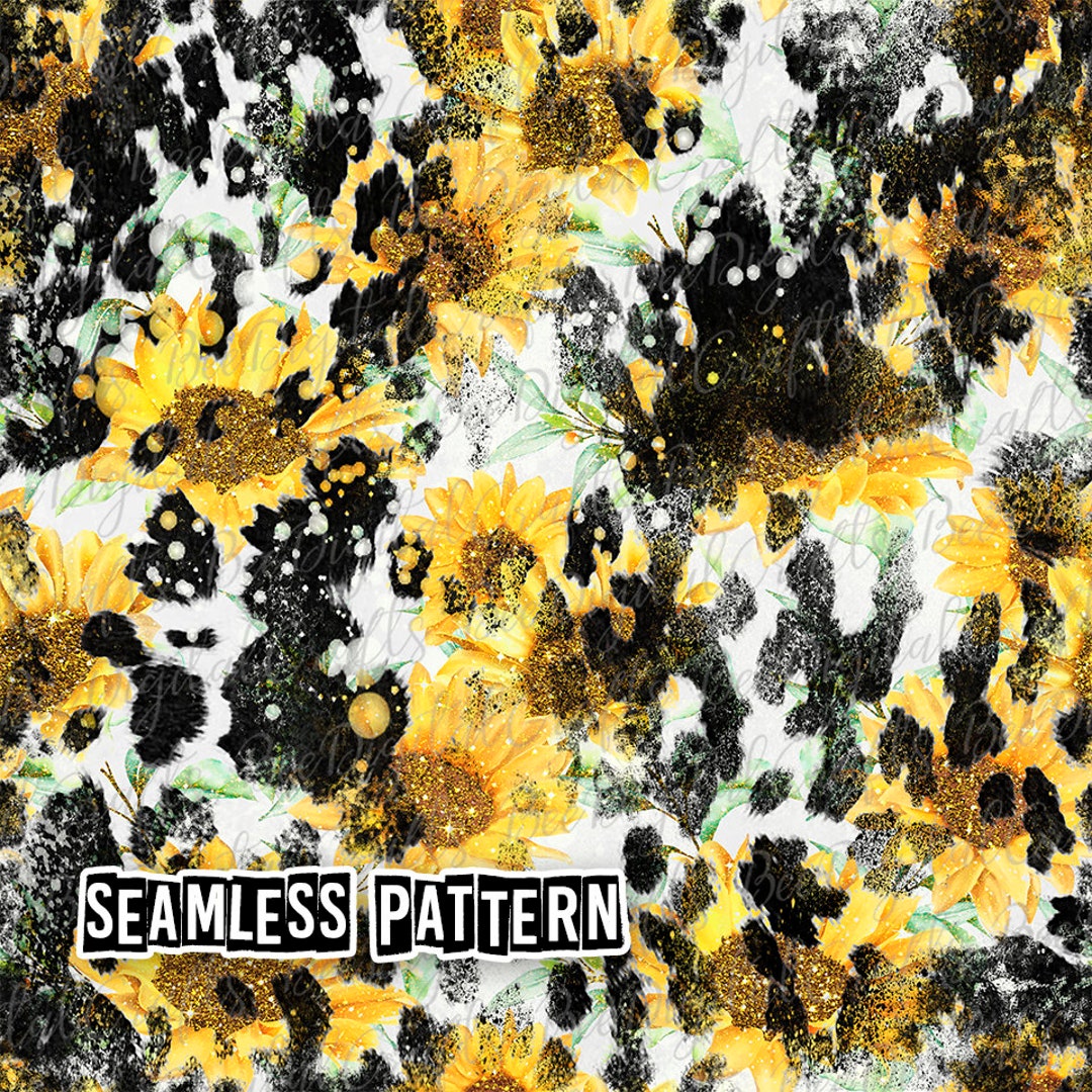 SEAMLESS Pattern Cowhide and Sunflower Western Digital Fabric Design ...