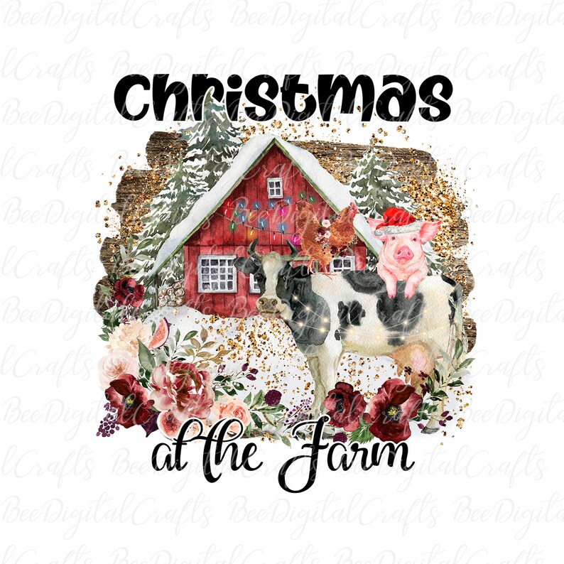 Puede incluir: Un dise&ntilde;o de Navidad en la granja con un granero rojo con techo nevado, una vaca blanco y negro, un cerdo con un gorro de Pap&aacute; Noel y un gallo rojo. La escena se desarrolla sobre un fondo de purpurina dorada y flores rojas y rosas.